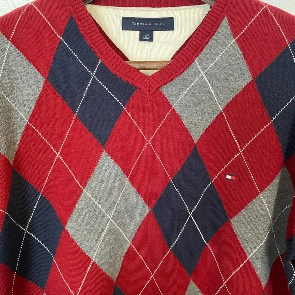 Tommy Hilfiger Men's V-Neck Red and Gray Sweater - Picture 2 of 5